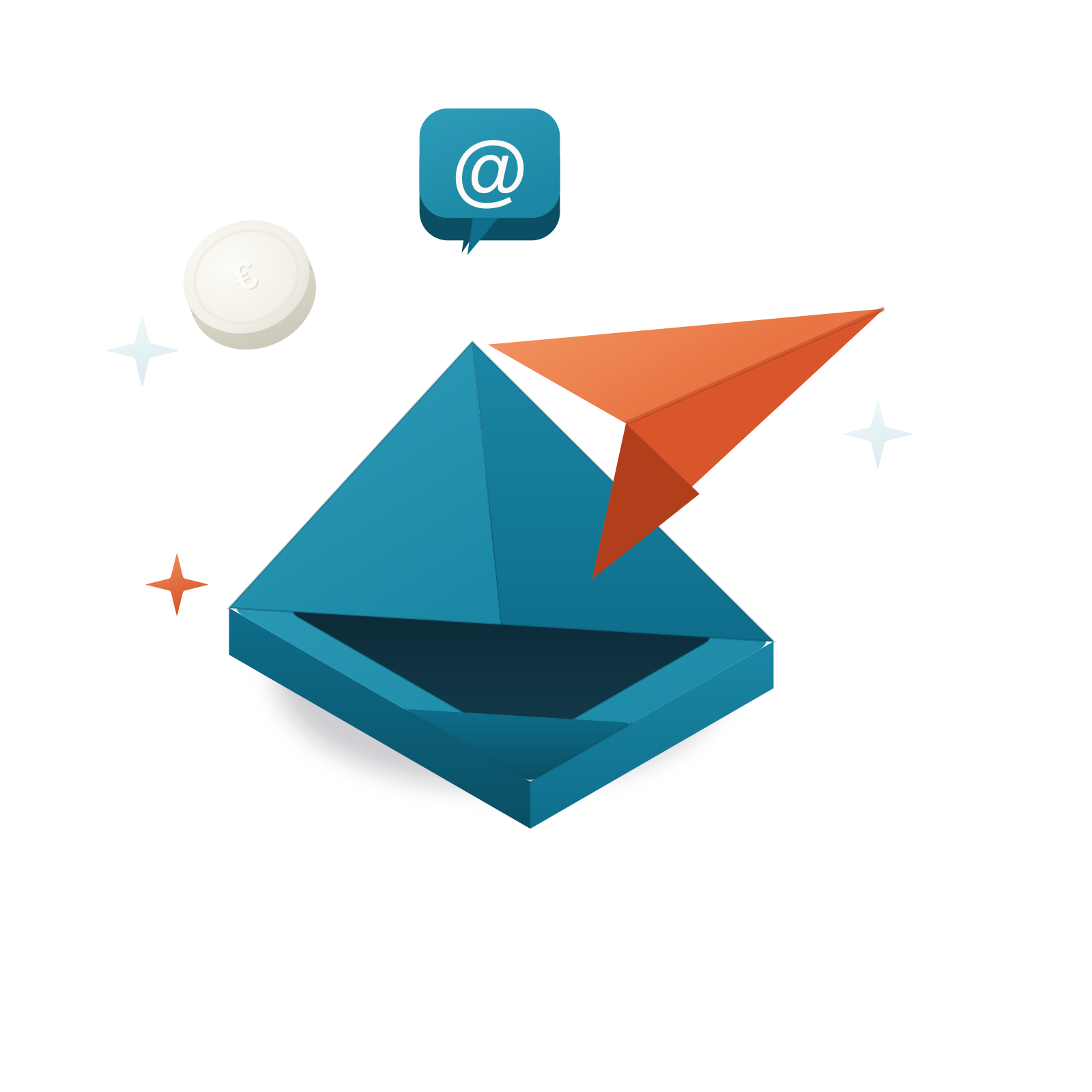 Izometrična 3D ilustracija: otvorena omotnica s crvenim papirnatim avionom i @ oznakom